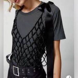 Urban Outfitters Black Beaded Mesh Top with Ribbon Ties